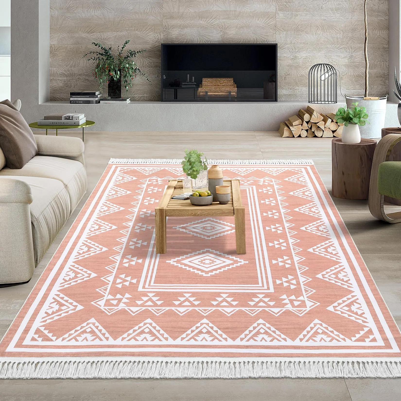 GARVEE Bedroom Rug 4x6 Washable Tassel Boho Area Rug Indoor Non-Slip Stain Resistant Floor Cover Farmhouse Accent Rug Moroccan Bordered Tribal Carpet Rug for Living Room Kitchen Nursery, Pink