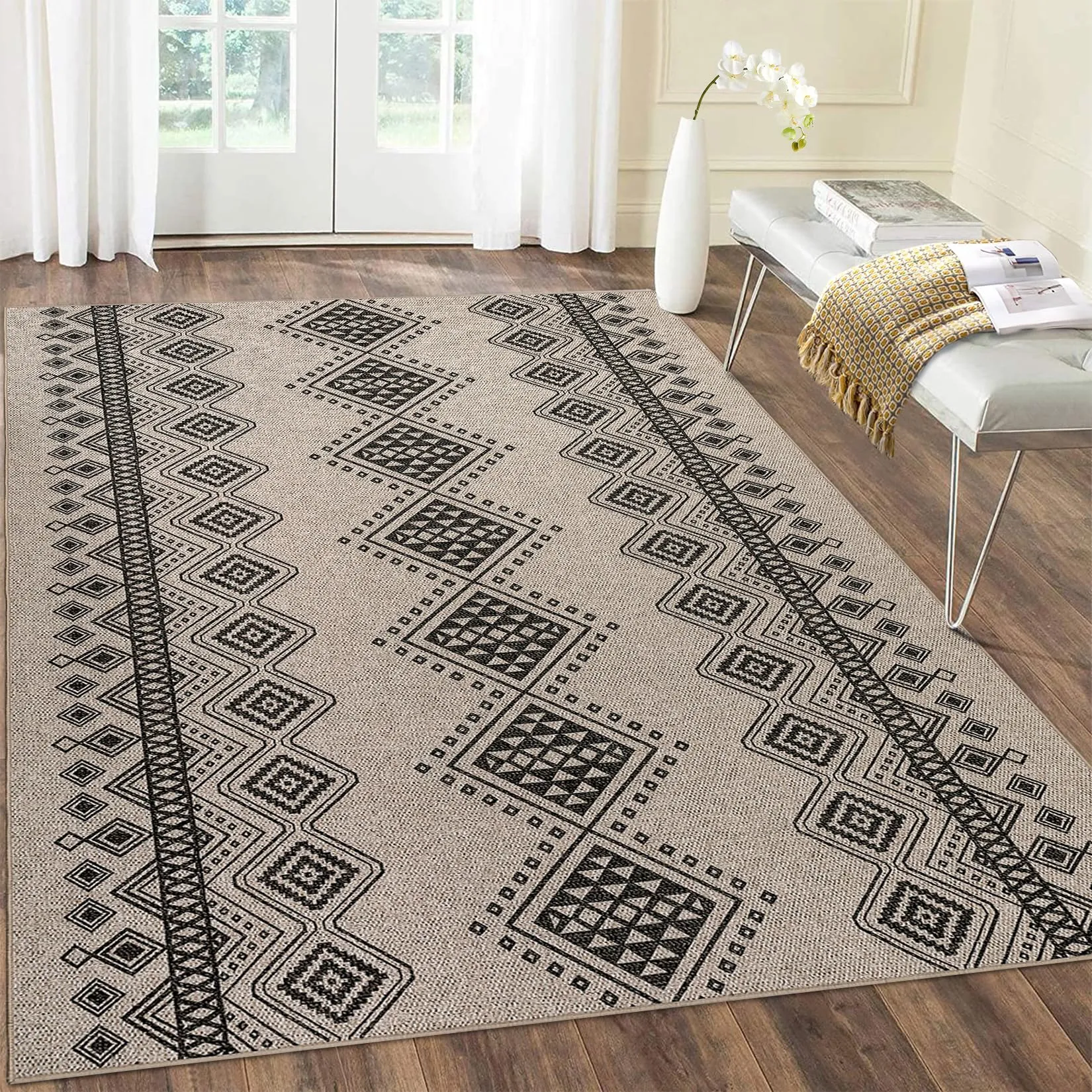 GARVEE Boho Geometric Non-Slip Area Rug 3x5 | Washable Polyester, Smooth & Durable | Child & Pet Friendly, Coffee | Ideal for Laundry, Guestroom, Patio