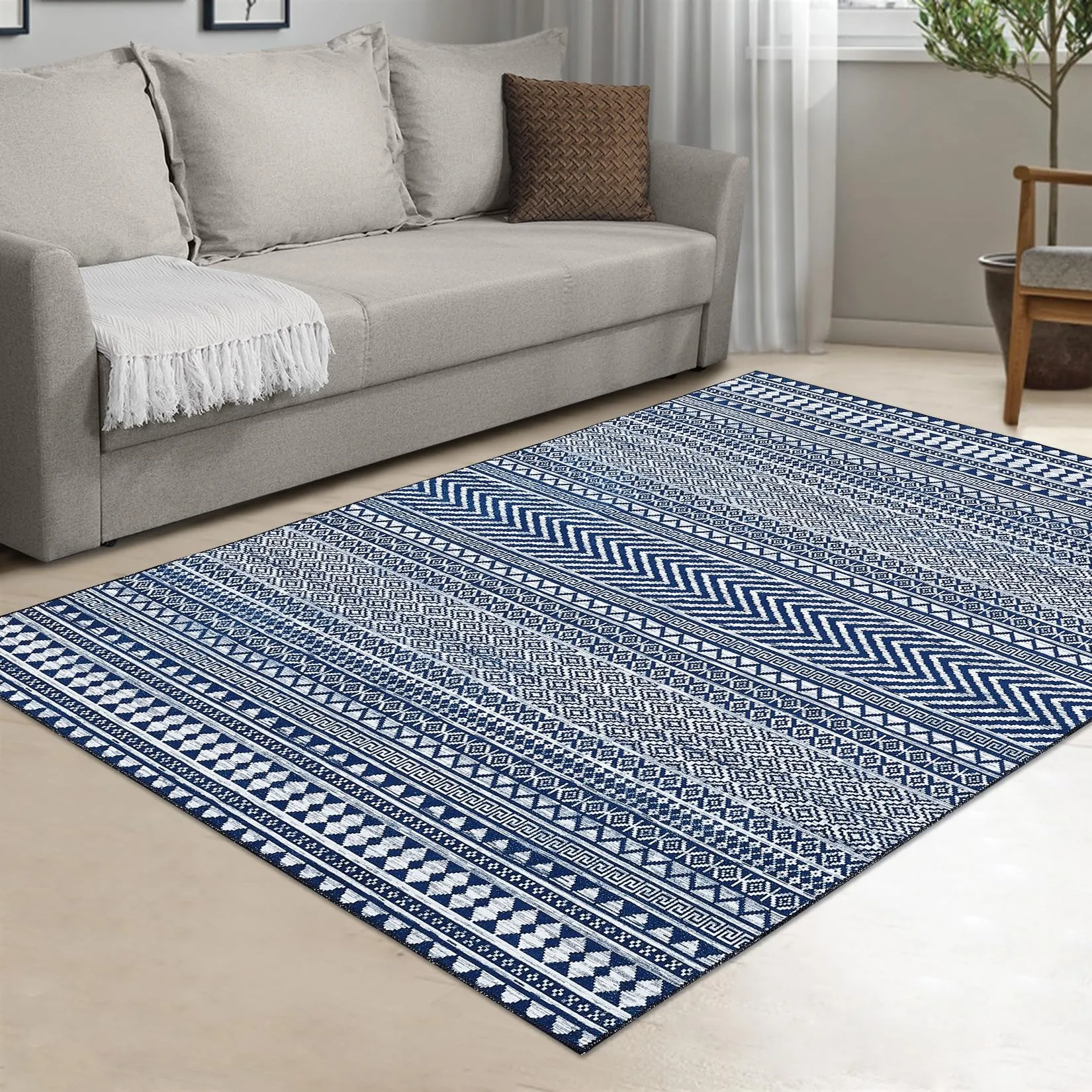 GARVEE Boho Machine Washable Area Rug Blue Small Rug Geometric Farmhouse Rug Mat Stain Resistant Non-Slip Area Rug Mat for Living Room Bedroom, 3' x 5'