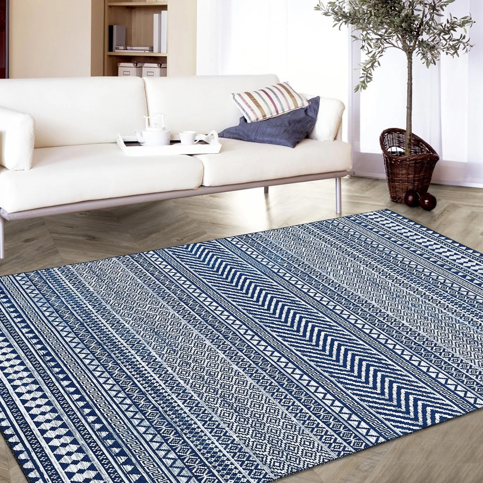 GARVEE Boho Machine Washable Area Rug Blue Small Rug Geometric Farmhouse Rug Mat Stain Resistant Non-Slip Area Rug Mat for Living Room Bedroom, 3' x 5'