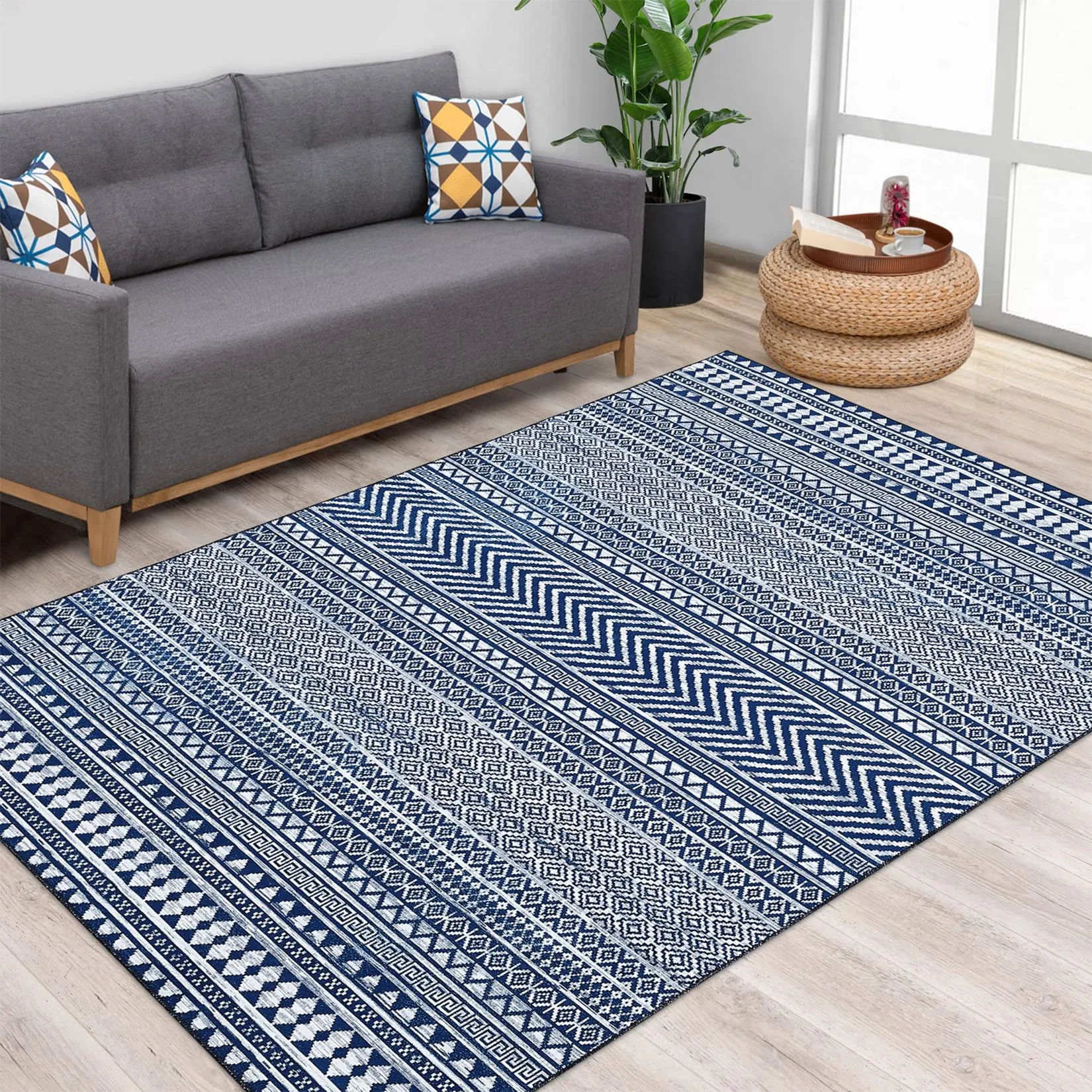 GARVEE Boho Machine Washable Area Rug Blue Small Rug Geometric Farmhouse Rug Mat Stain Resistant Non-Slip Area Rug Mat for Living Room Bedroom, 3' x 5'