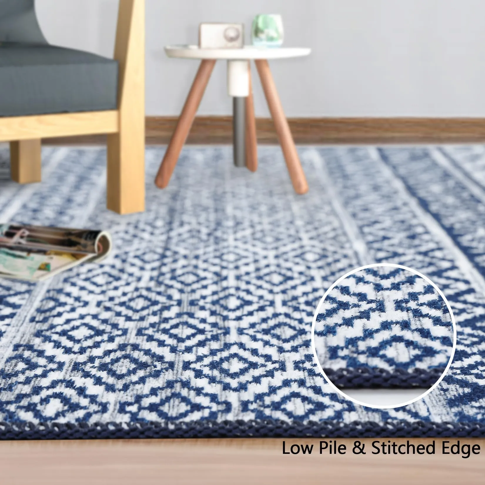 GARVEE Boho Machine Washable Area Rug Blue Small Rug Geometric Farmhouse Rug Mat Stain Resistant Non-Slip Area Rug Mat for Living Room Bedroom, 3' x 5'