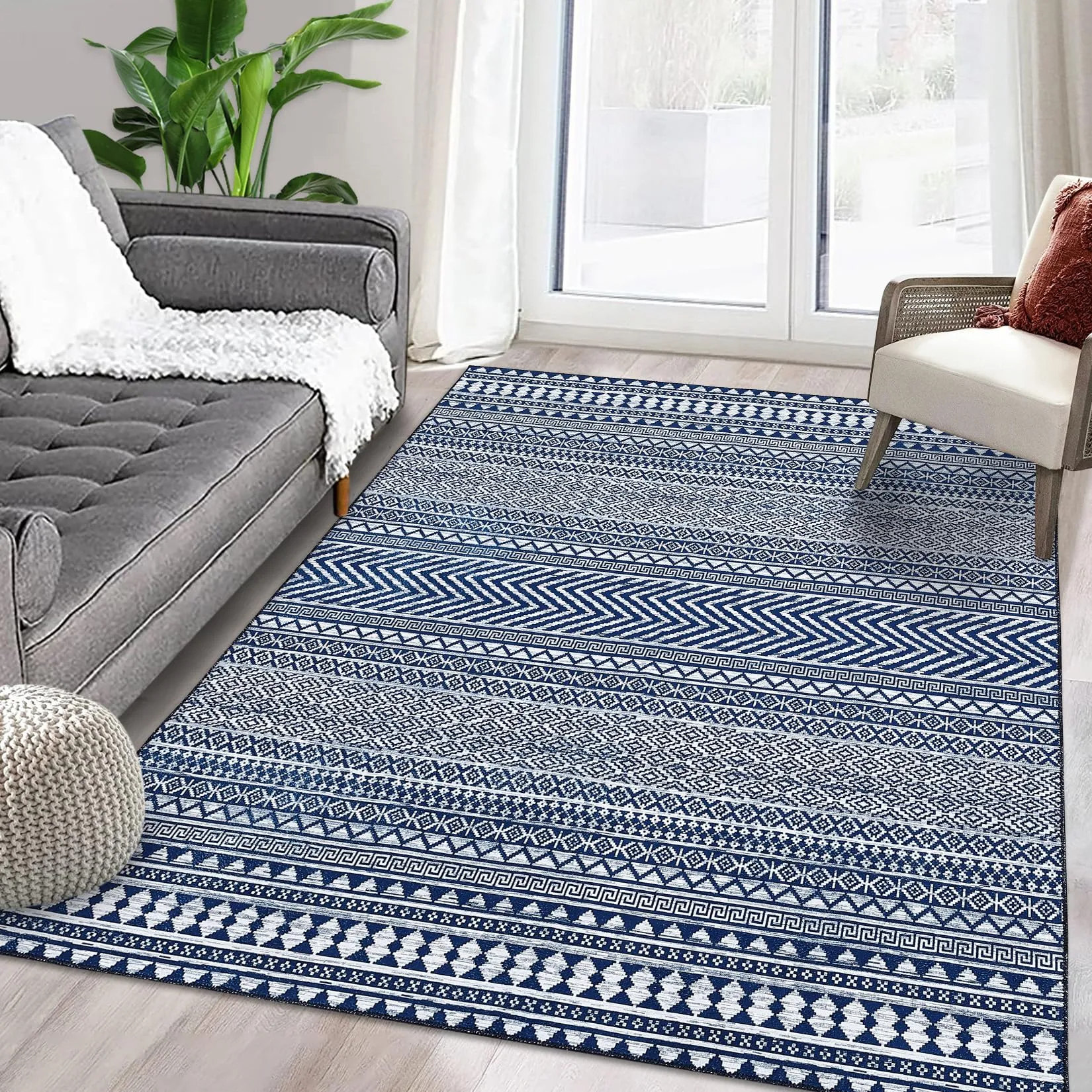 GARVEE Boho Machine Washable Area Rug Blue Small Rug Geometric Farmhouse Rug Mat Stain Resistant Non-Slip Area Rug Mat for Living Room Bedroom, 3' x 5'