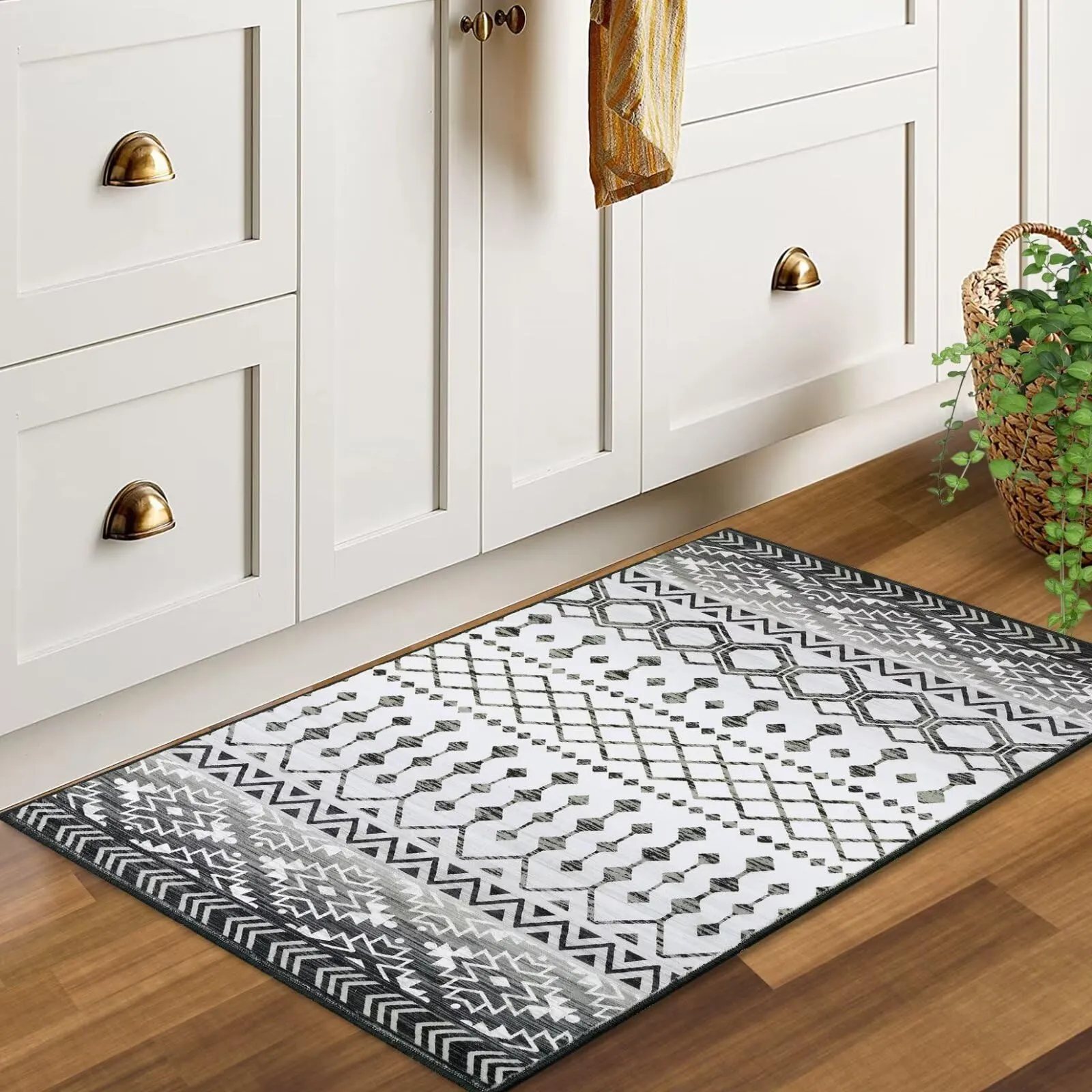 GARVEE Boho Moroccan Area Rug 2x3 Washable Non-Skid Grey Mat for Bedroom, Bath, Kitchen - Faux Wool, Low-Pile, Stain-Resistant