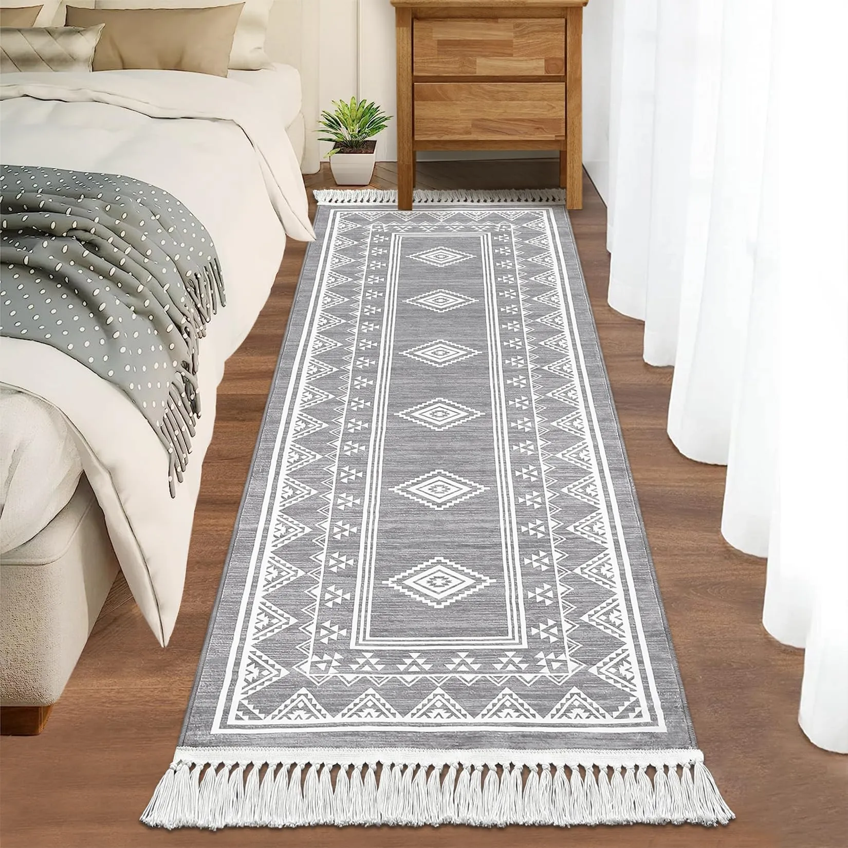 GARVEE Boho Runner Rug 2x6 Washable Hallway Runner Rug with Tassel Non-Slip Stain Resistant Farmhouse Entryway Rug Moroccan Bordered Floor Cover Carpet for Living Room Bedroom Kitchen Laundry, Grey