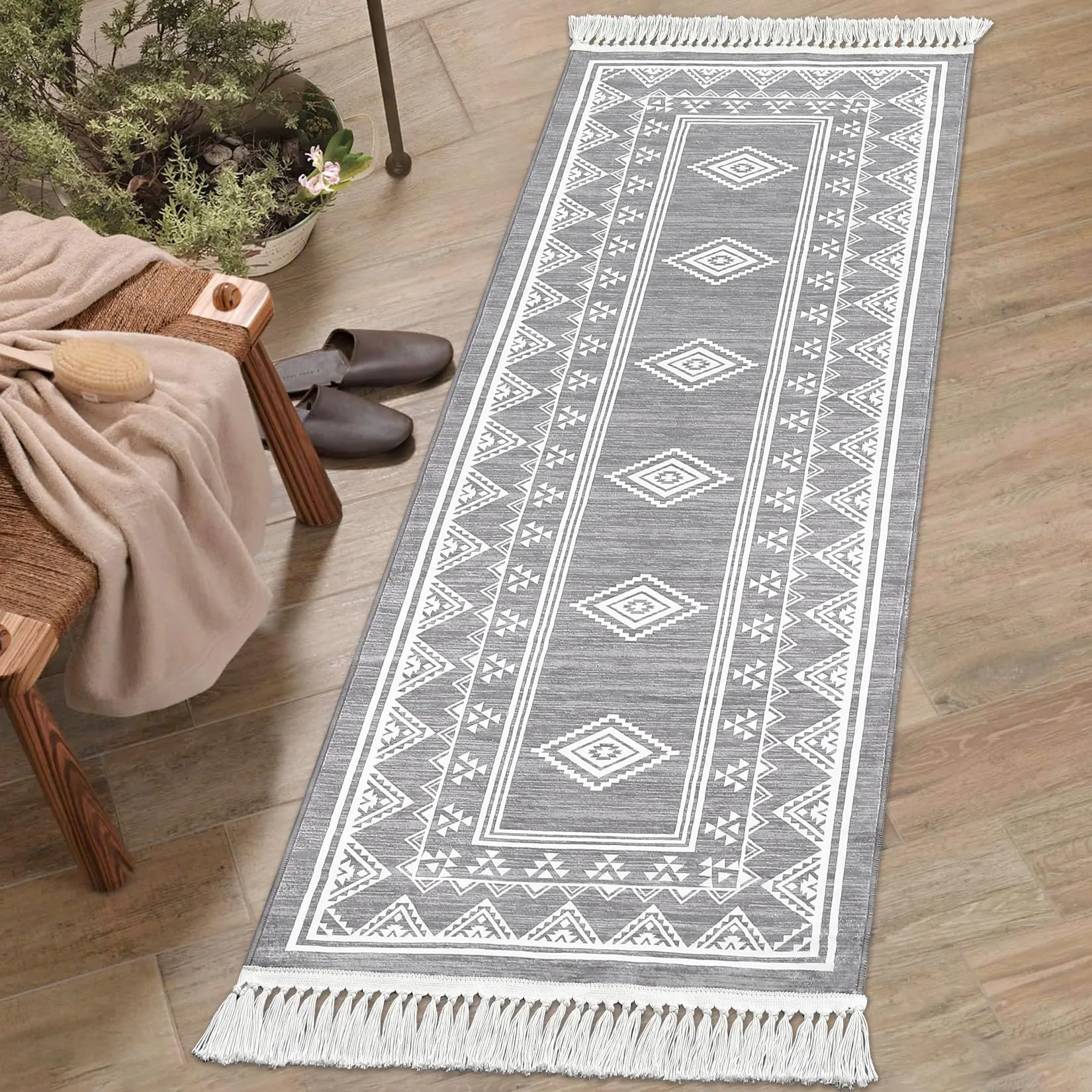 GARVEE Boho Runner Rug 2x6 Washable Hallway Runner Rug with Tassel Non-Slip Stain Resistant Farmhouse Entryway Rug Moroccan Bordered Floor Cover Carpet for Living Room Bedroom Kitchen Laundry, Grey