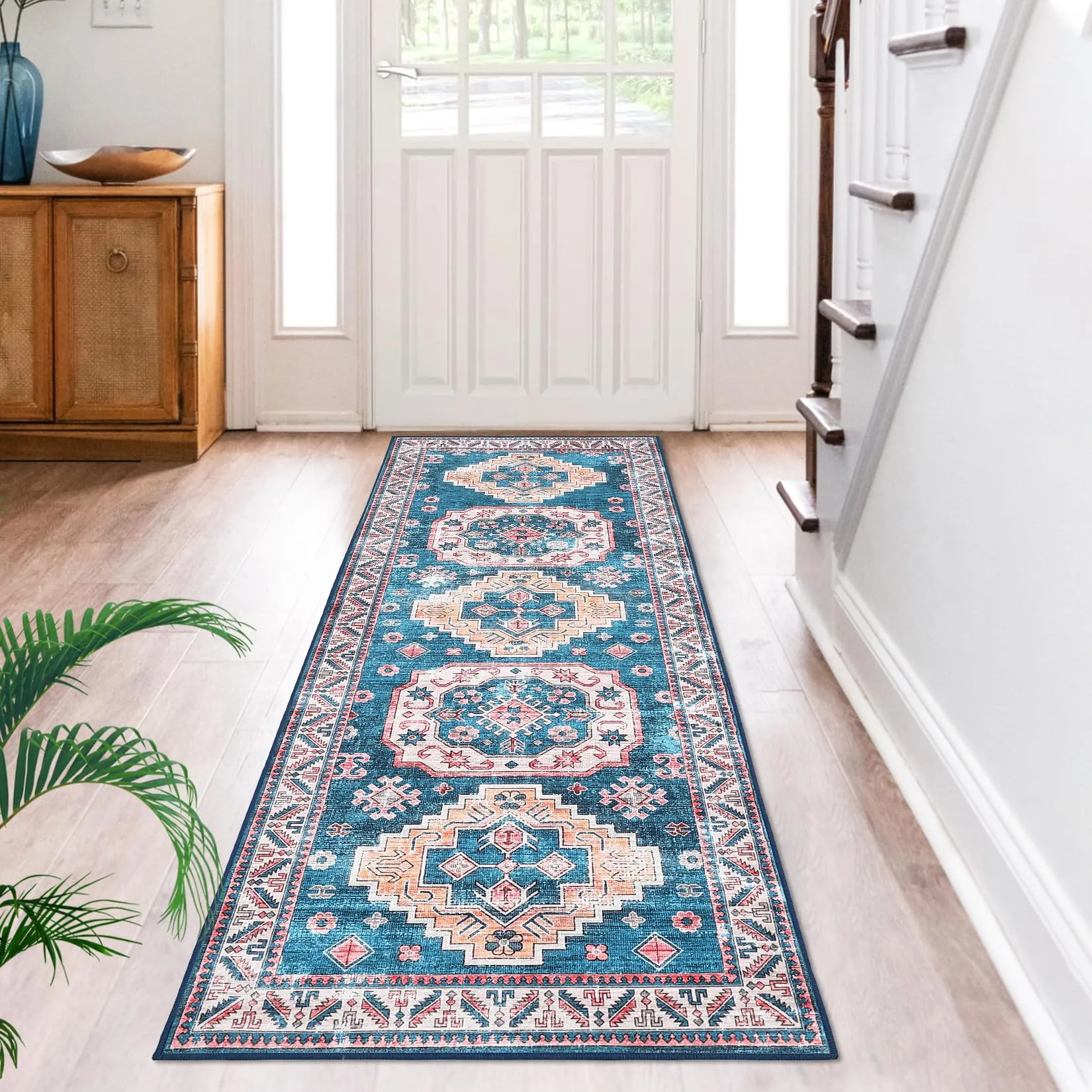 GARVEE Boho Tribal Area Rug 2x6 Hallway Bohemian Vintage Bedroom Throw Rugs Non-Slip Machine Washable Rugs Low-Pile Floor Carpet for Kitchen Laundry Living Bathroom Blue/Fuchsia 2'x6'