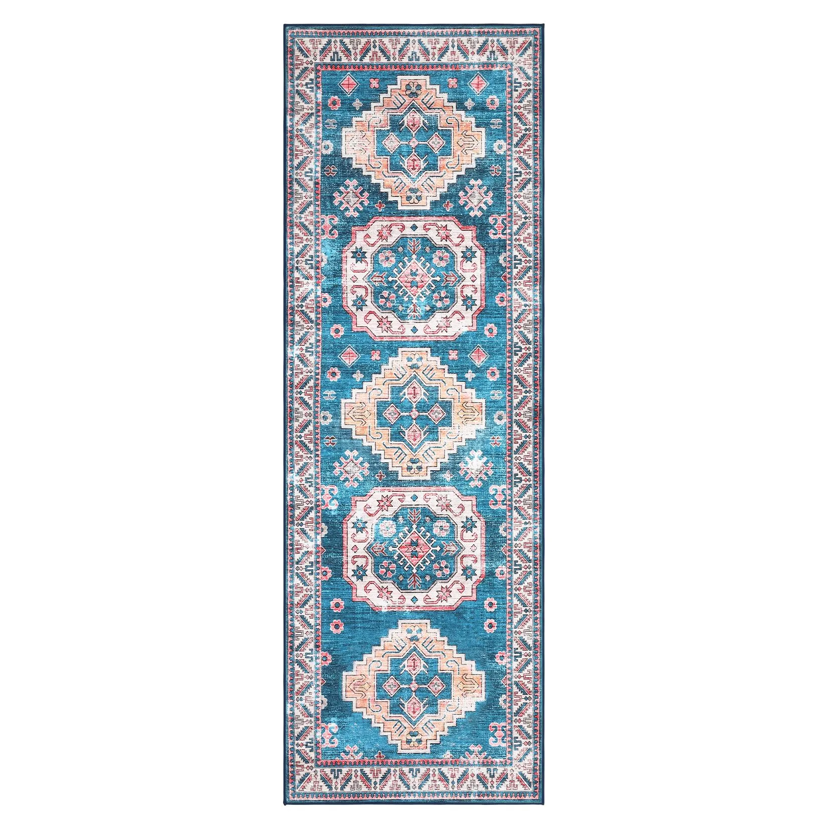 GARVEE Boho Tribal Area Rug 2x6 Hallway Bohemian Vintage Bedroom Throw Rugs Non-Slip Machine Washable Rugs Low-Pile Floor Carpet for Kitchen Laundry Living Bathroom Blue/Fuchsia 2'x6'