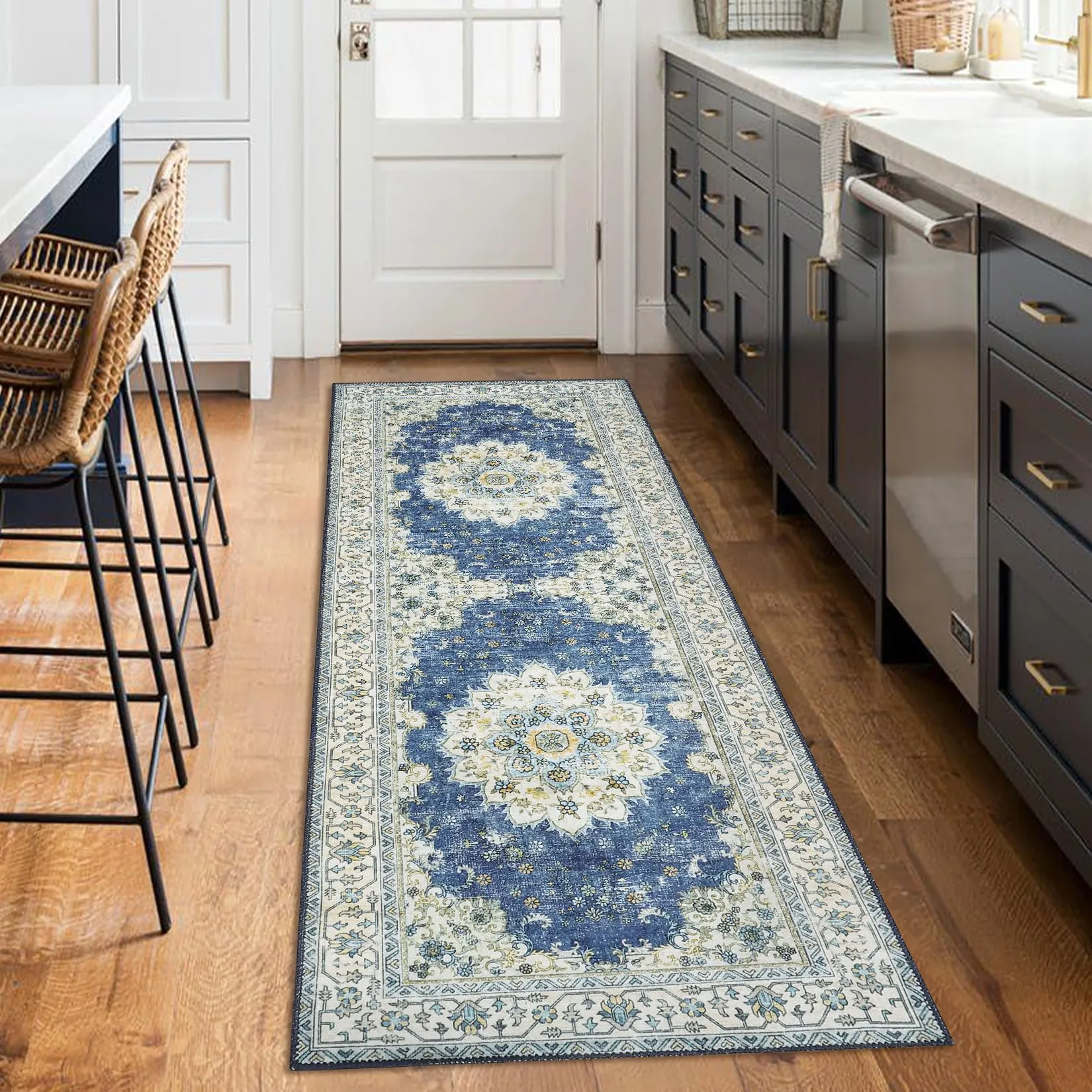 GARVEE Boho Vintage 2x6 Runner Rug, Traditional Washable Floral Print Carpet with Non-Slip Rubber Backing, Low Pile - Foldable Mat for Entryways Hallways Kitchens