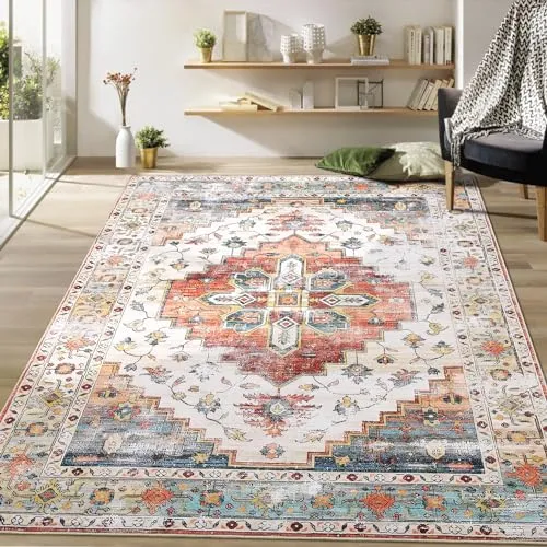 GARVEE Boho Vintage 8x10 Area Rug, Machine Washable, Non-Slip, 100% Polyester, Soft & Durable, Distressed Pattern, Living Room & Bedroom