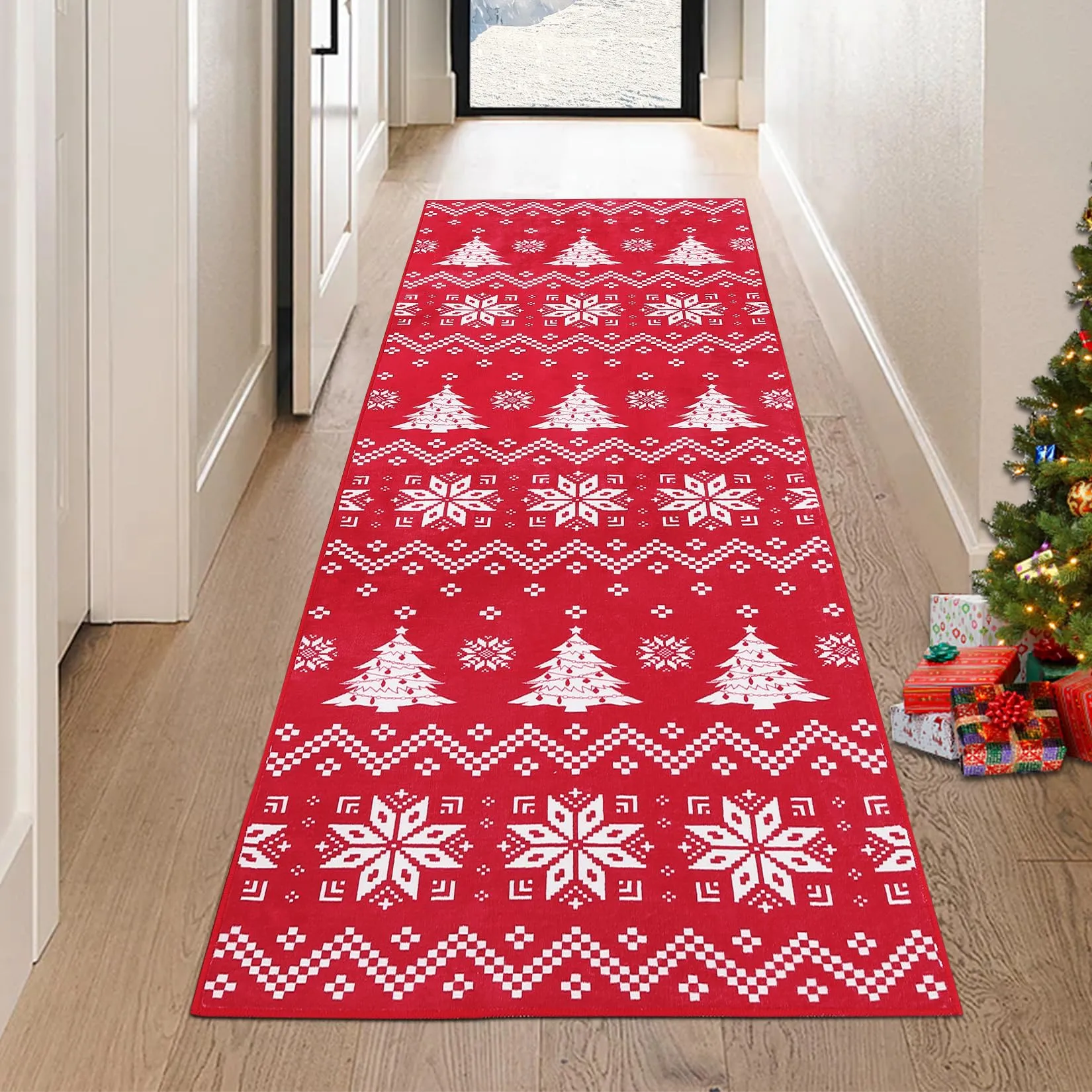 GARVEE Christmas Runner Rug Snowflake Xmas Tree Boho Hallway Area Rug 2x8 Feet Machine Washable Floor Carpet for Kitchen Laundry Living Room