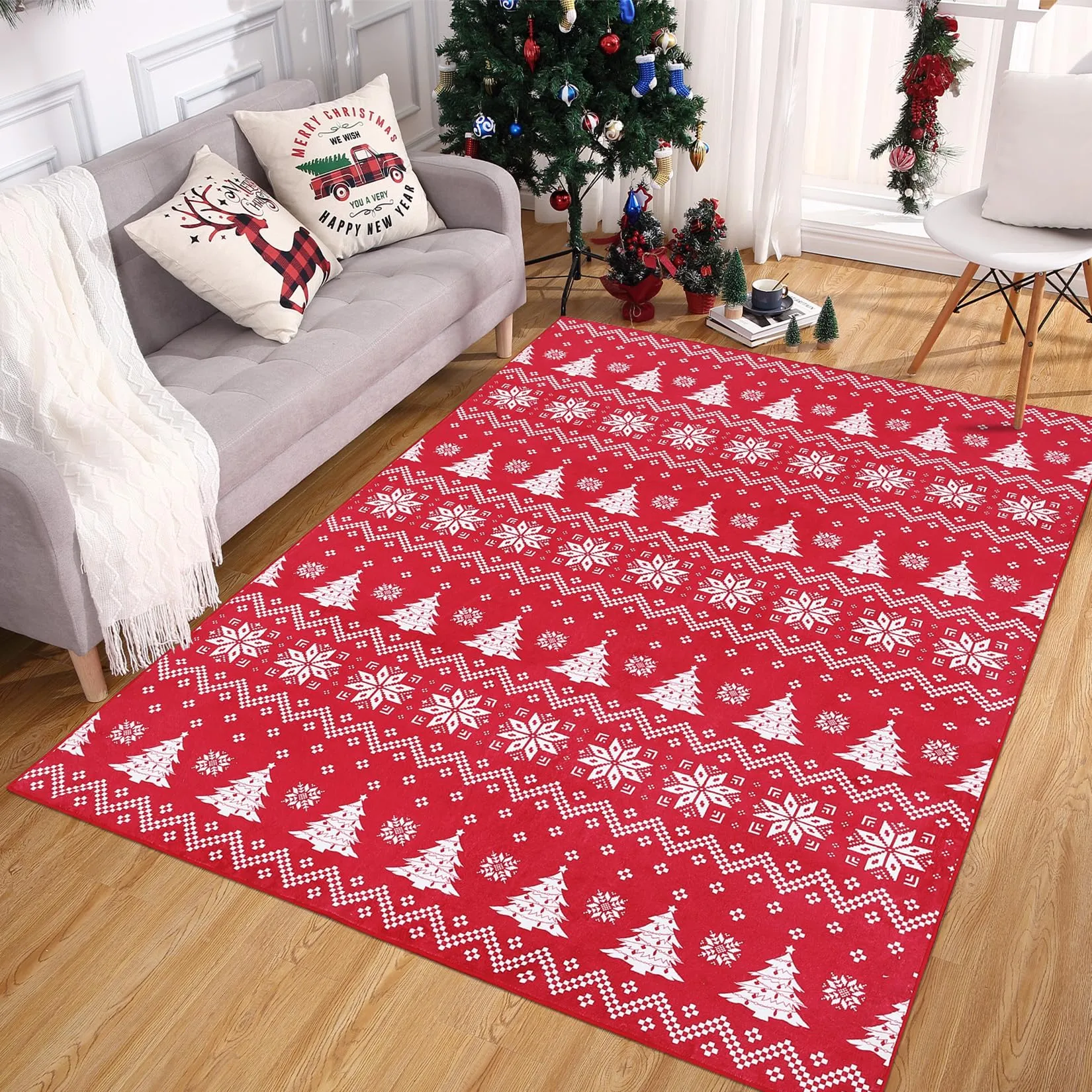 GARVEE Christmas Washable Area Rug - Snowflake & Xmas Tree Pattern - Durable Polyester - Non-Slip Backing - 3x5 Feet - Festive Decor