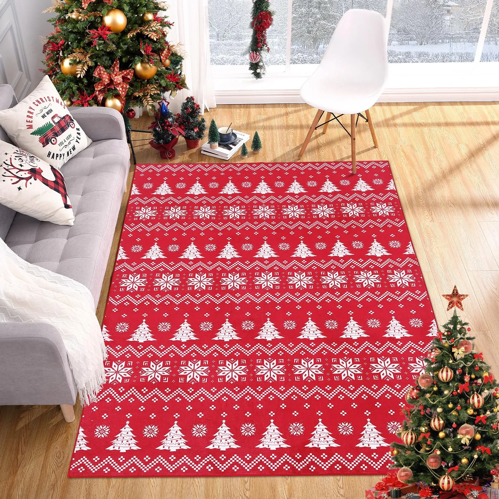 GARVEE Christmas Washable Area Rug - Snowflake & Xmas Tree Pattern - Durable Polyester - Non-Slip Backing - 3x5 Feet - Festive Decor