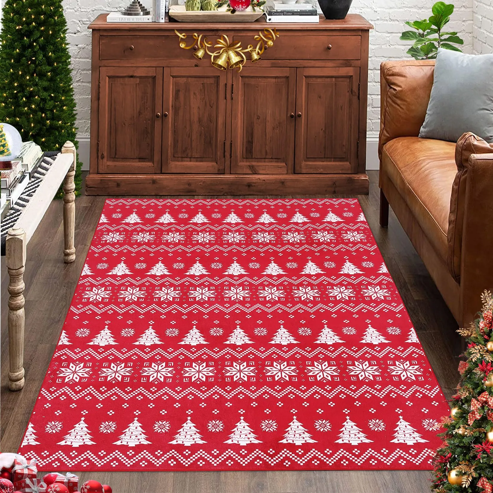 GARVEE Christmas Washable Area Rug - Snowflake & Xmas Tree Pattern - Durable Polyester - Non-Slip Backing - 3x5 Feet - Festive Decor