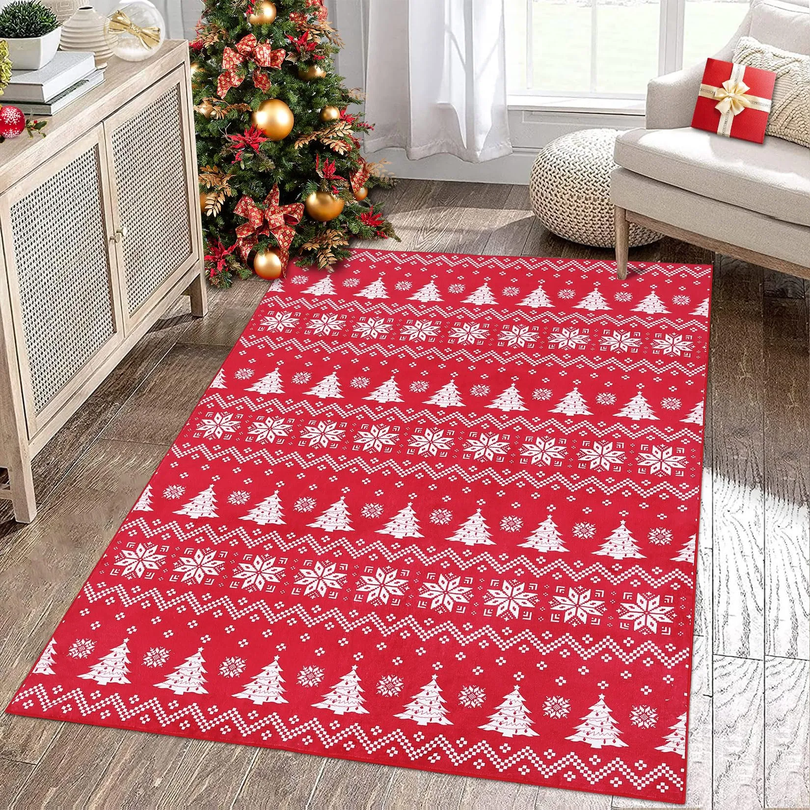 GARVEE Christmas Washable Area Rug - Snowflake & Xmas Tree Pattern - Durable Polyester - Non-Slip Backing - 3x5 Feet - Festive Decor