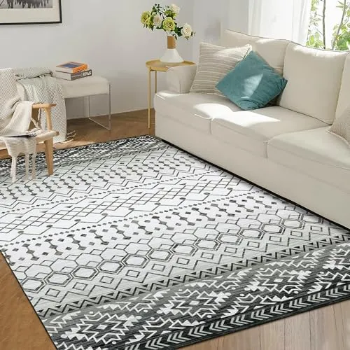 GARVEE Large Area Rug 8x10 Rug for Bedroom Abstract Grey Printed Rug Washable Rug Moroccan Low Pile Modern Rug Bohemian Gradient Floor Mat Non Slip Area Rugs Living Room Rug Home Office, Grey