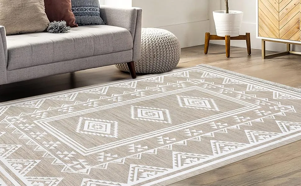 GARVEE Large Living Room Rug 8x10 Washable Boho Accent Area Rug with Tassel Moroccan Bordered Non-Slip Stain Resistant Floor Cover Farmhouse Geometric Tribal Carpet for Bedroom Nursery, Taupe