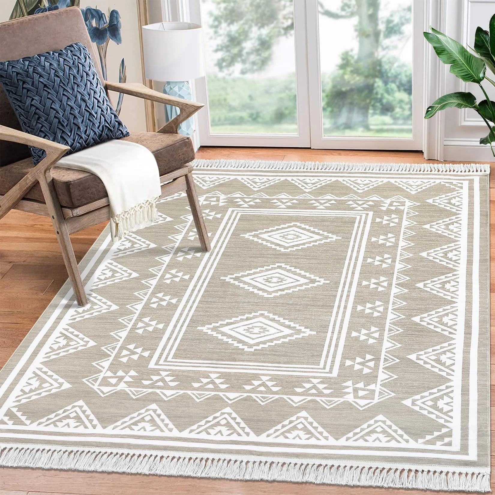 GARVEE Large Living Room Rug 8x10 Washable Boho Accent Area Rug with Tassel Moroccan Bordered Non-Slip Stain Resistant Floor Cover Farmhouse Geometric Tribal Carpet for Bedroom Nursery, Taupe