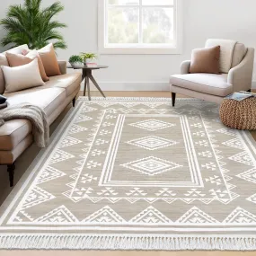 GARVEE Large Living Room Rug 8x10 Washable Boho Accent Area Rug with Tassel Moroccan Bordered Non-Slip Stain Resistant Floor Cover Farmhouse Geometric Tribal Carpet for Bedroom Nursery, Taupe