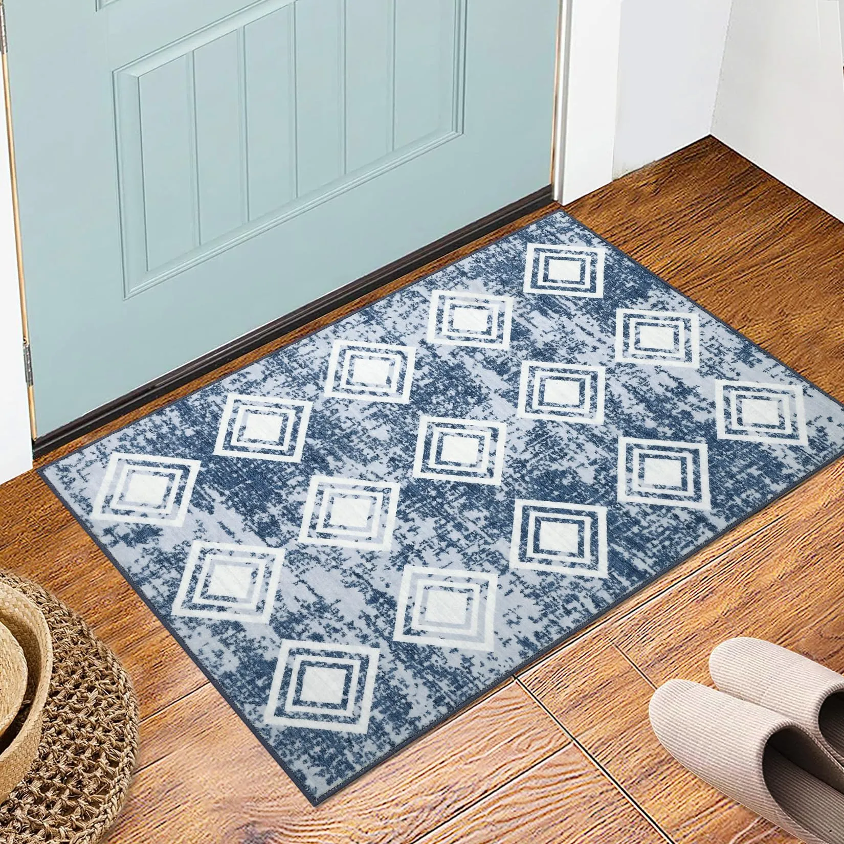 GARVEE Modern 2x3 Rug for Entryway,Blue Washable Rug Bathroom Soft Geometric Throw Mats,Non-Slip Small Bath Carpet Front Door Mat for Indoor Entryway Bedroom Kitchen