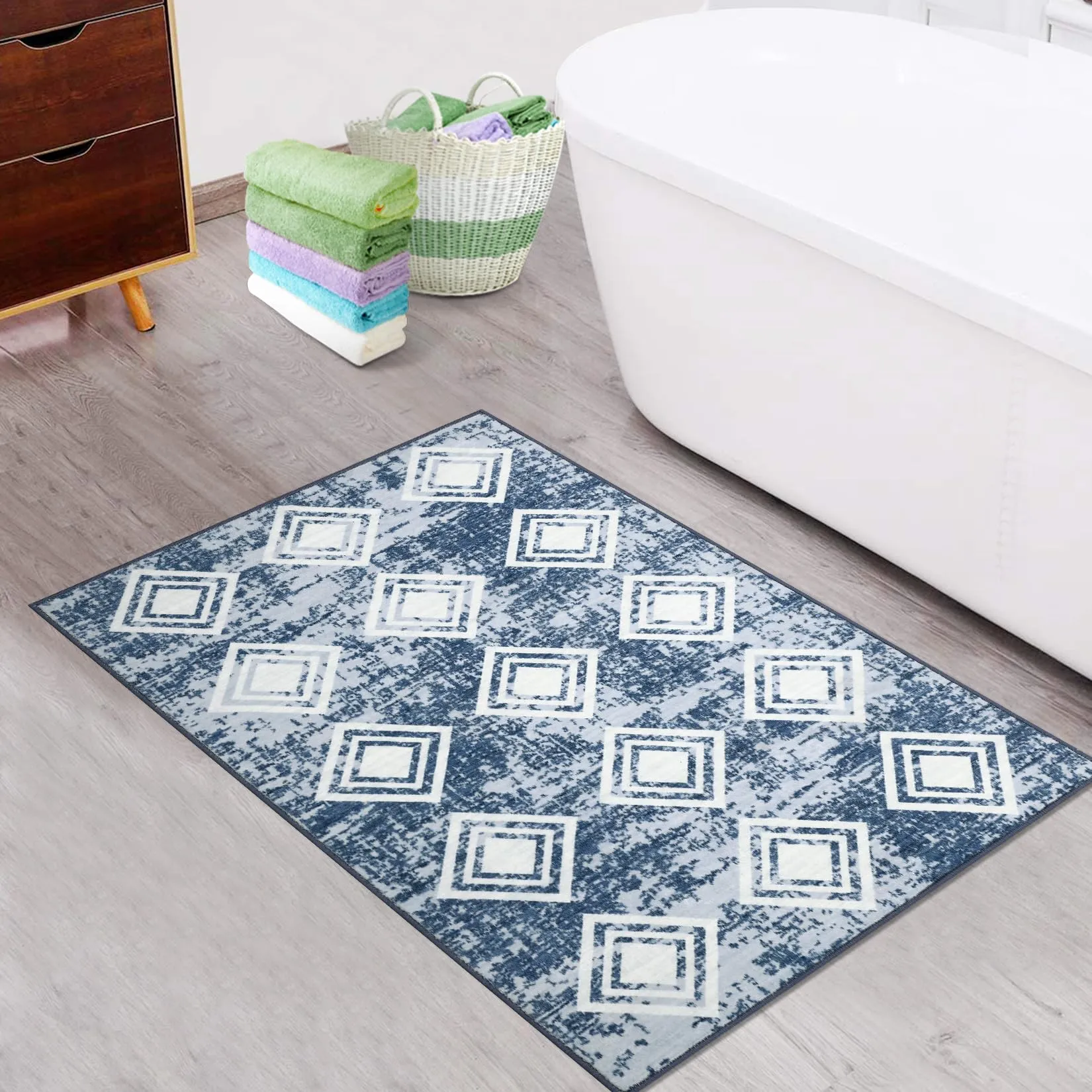 GARVEE Modern 2x3 Rug for Entryway,Blue Washable Rug Bathroom Soft Geometric Throw Mats,Non-Slip Small Bath Carpet Front Door Mat for Indoor Entryway Bedroom Kitchen