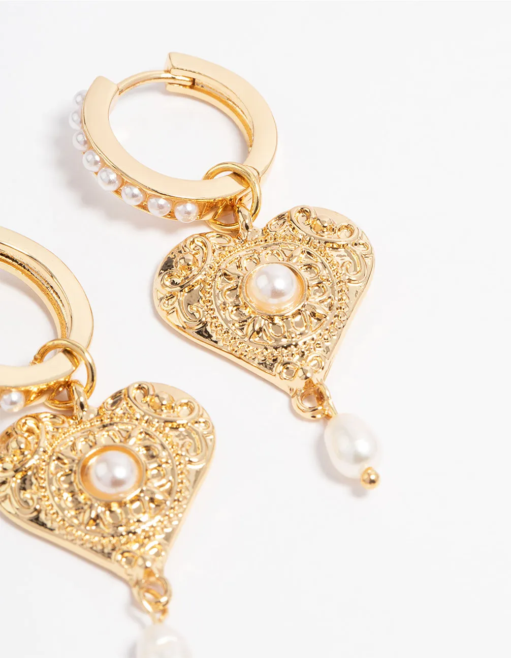 Gold Plated Detailed Freshwater Pearl & Heart Drop Huggie Earrings