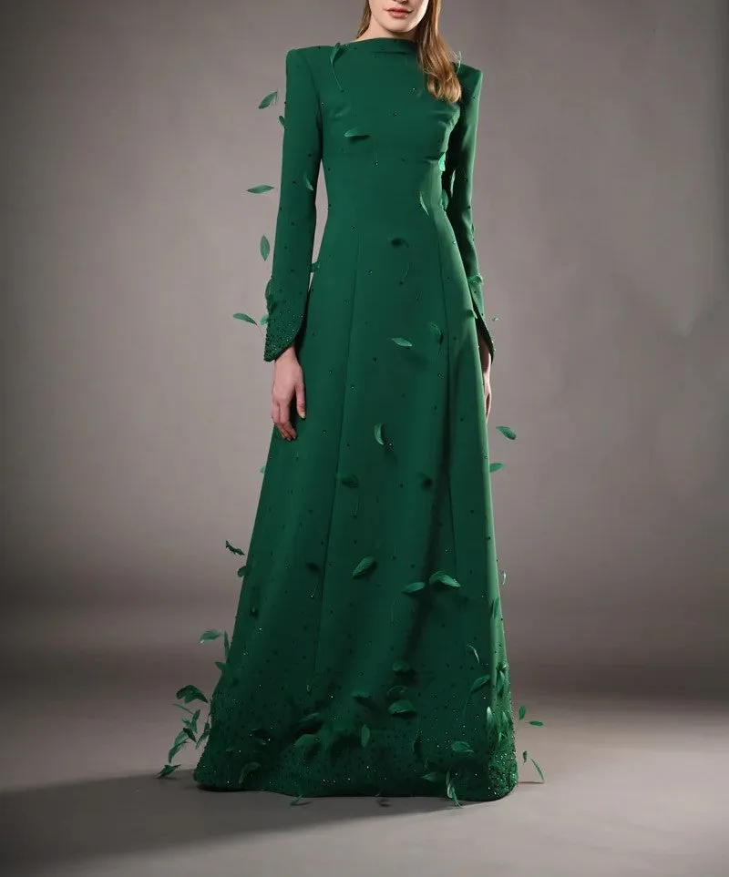 Green Dress Embroidered With Feathers And Crystals