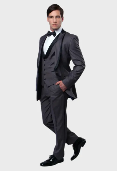 Grey 3 Piece Vested Shawl Lapel Tuxedo