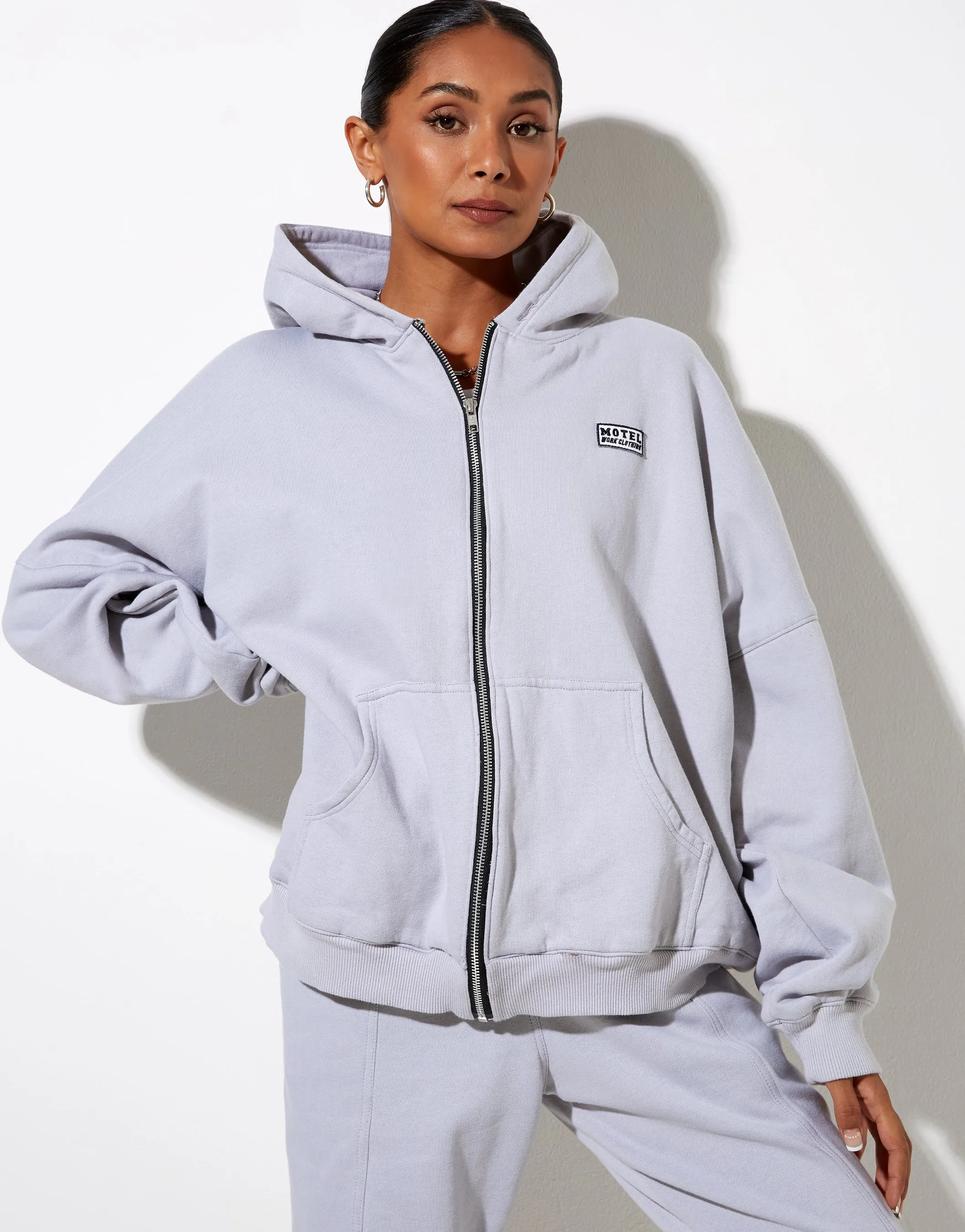 Hollack Hoodie in Lunar Rock with Motel Work Clothing Label Embro