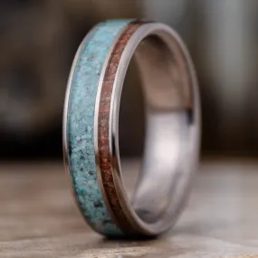 (In-Stock) Custom Men's Titanium Wedding Band with Turquoise and Dinosaur Bone - Size 8.75 | 6mm Wide