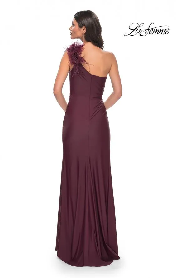 La Femme 32076 One Shoulder Satin Dress with Feathers