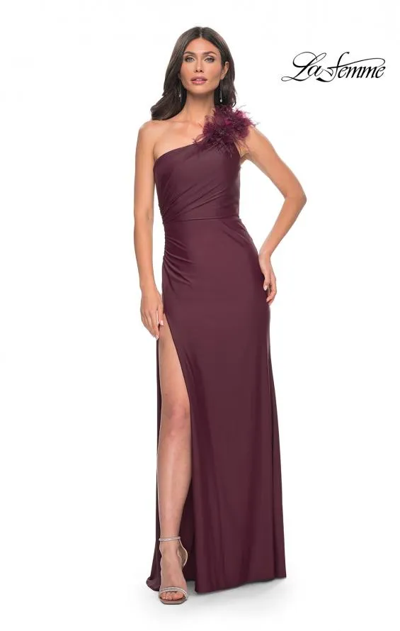 La Femme 32076 One Shoulder Satin Dress with Feathers