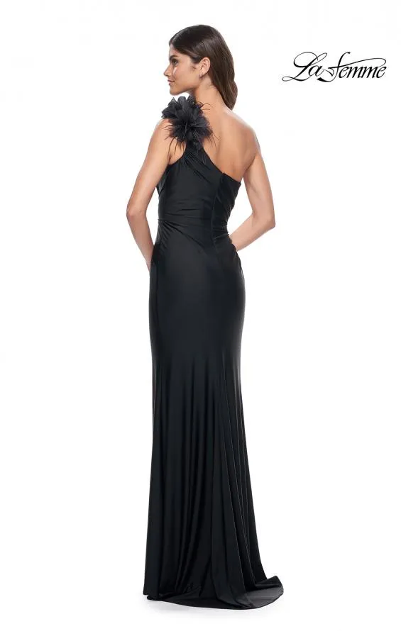 La Femme 32076 One Shoulder Satin Dress with Feathers