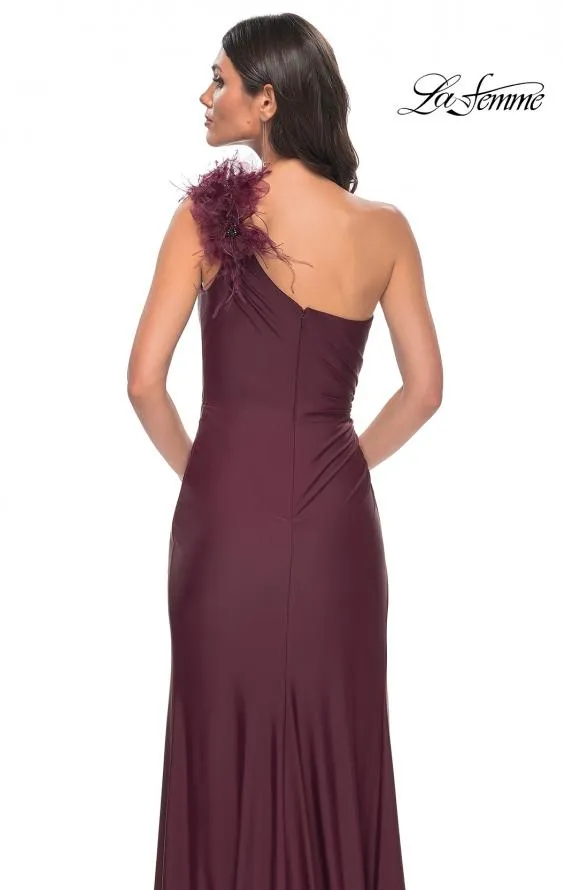 La Femme 32076 One Shoulder Satin Dress with Feathers