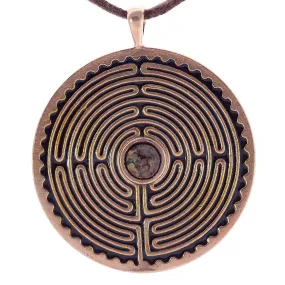 Labyrinth Peace Bronze Pendant Necklace with 6mm Dinosaur Bone Gemstone on Adjustable Natural Fiber Cord (Wholesale)