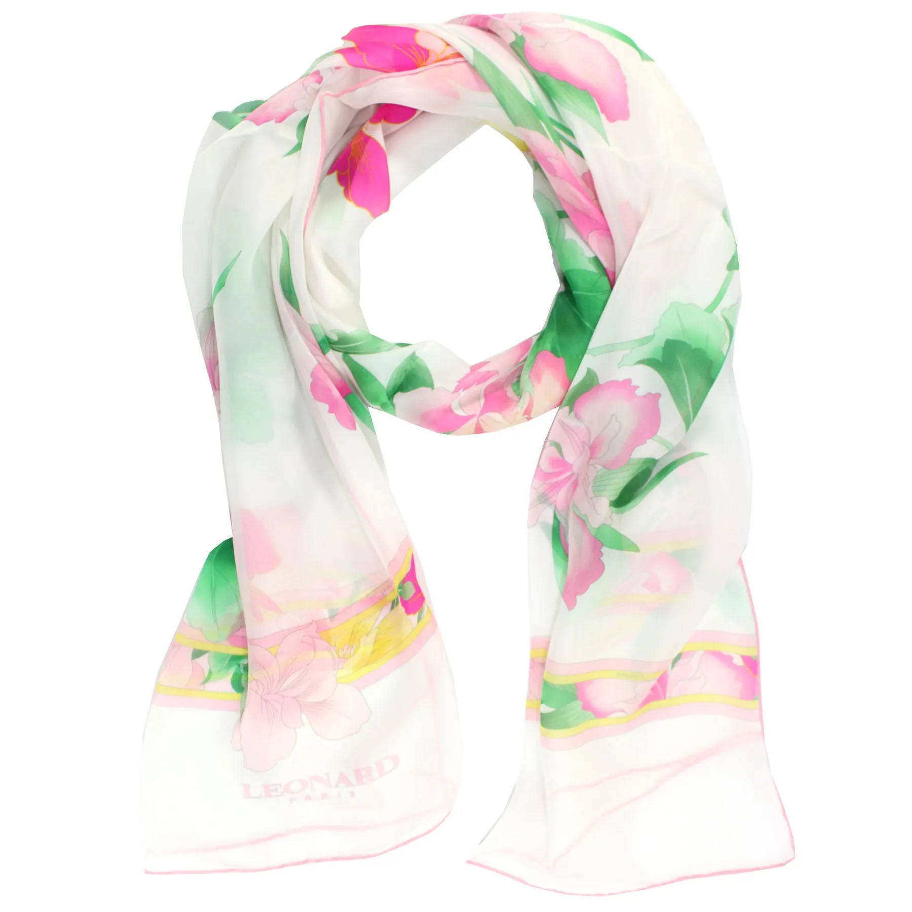 Leonard Paris Scarf White Pink Yellow Floral - Chiffon Silk Shawl