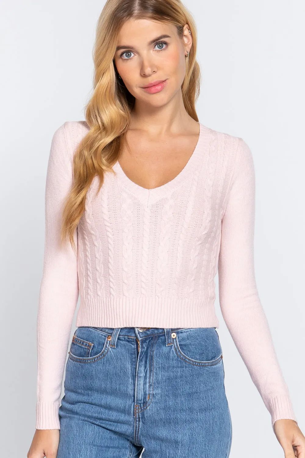 LONG SLEEVE V-NECK CABLE SWEATER