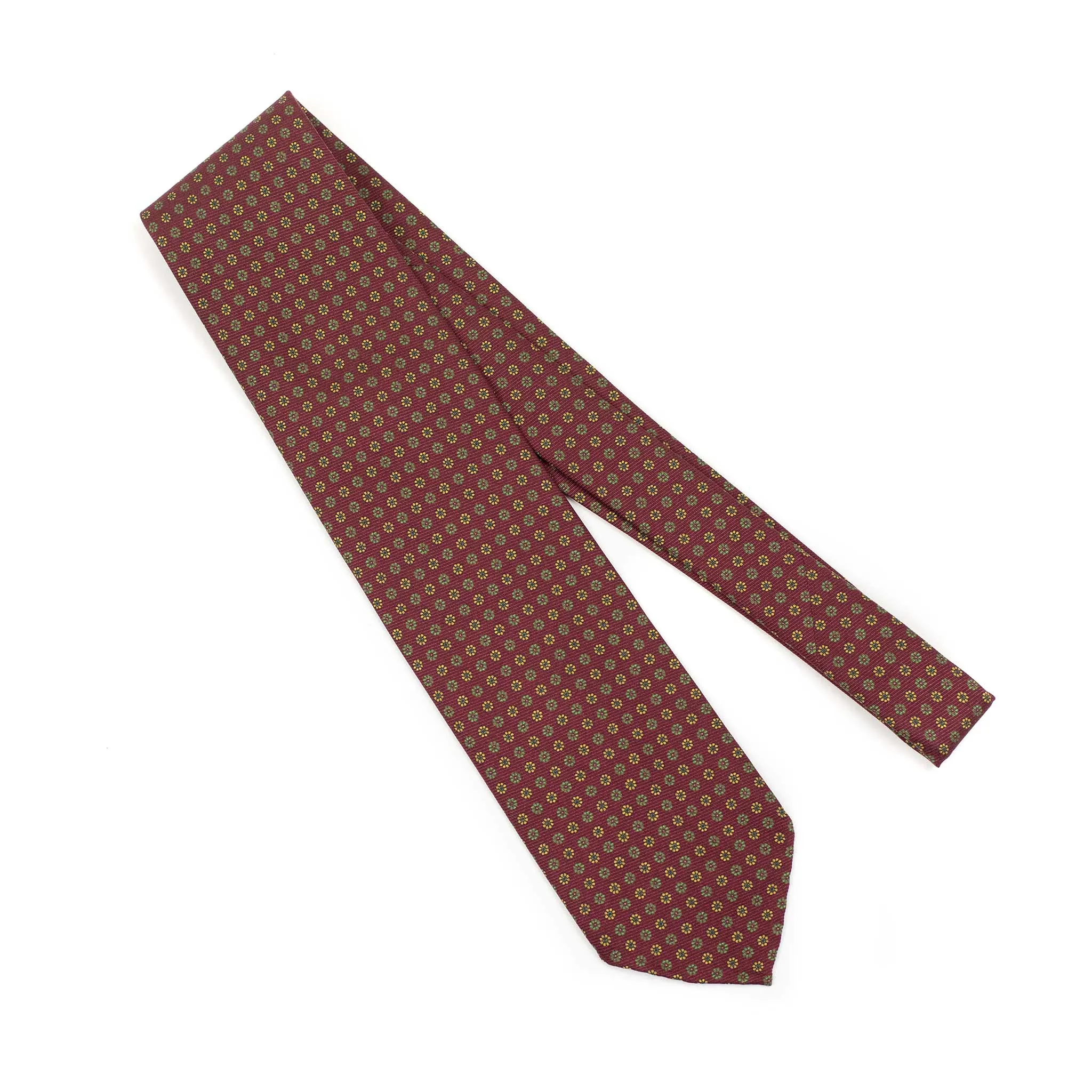 Maroon silk tie, green and orange neat print