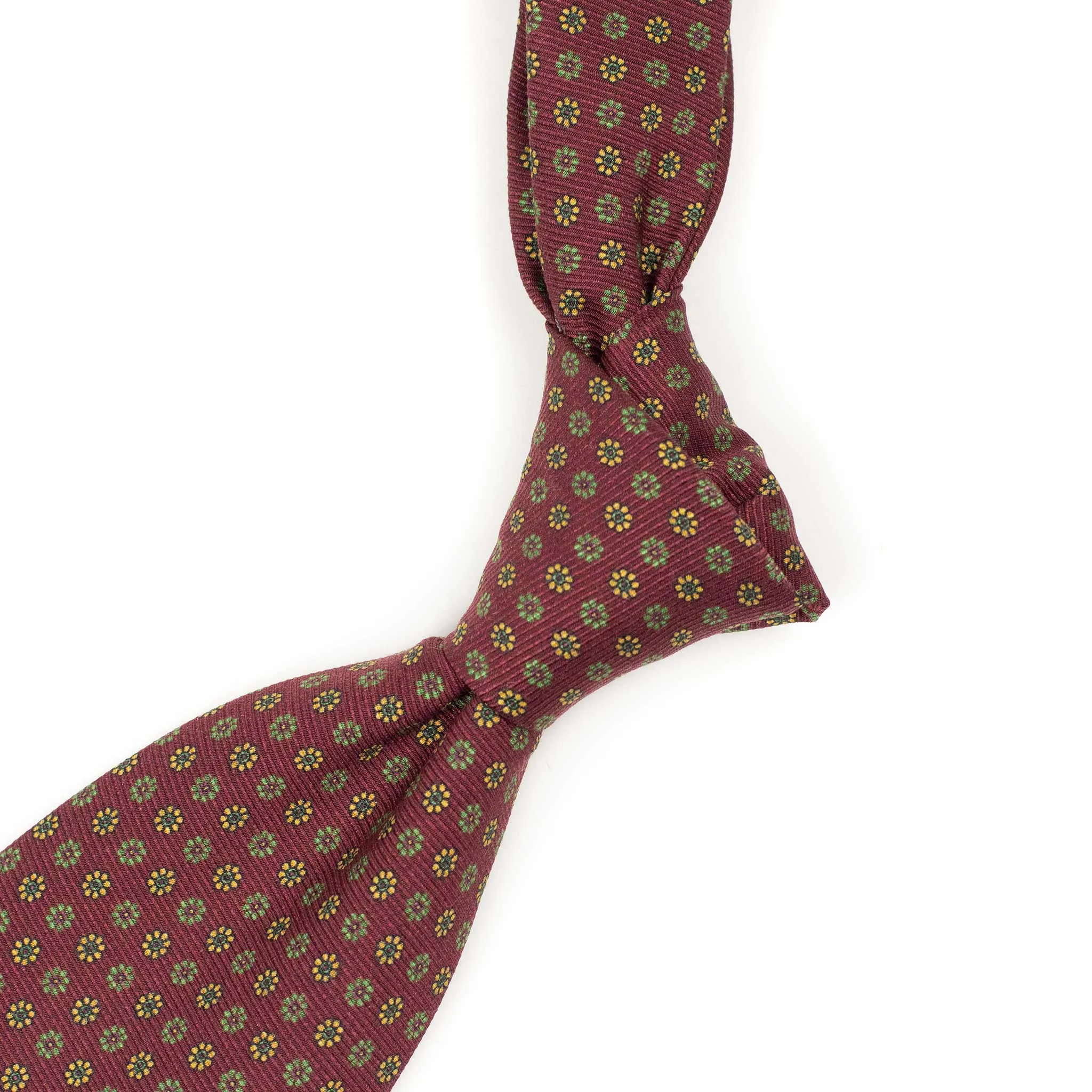 Maroon silk tie, green and orange neat print