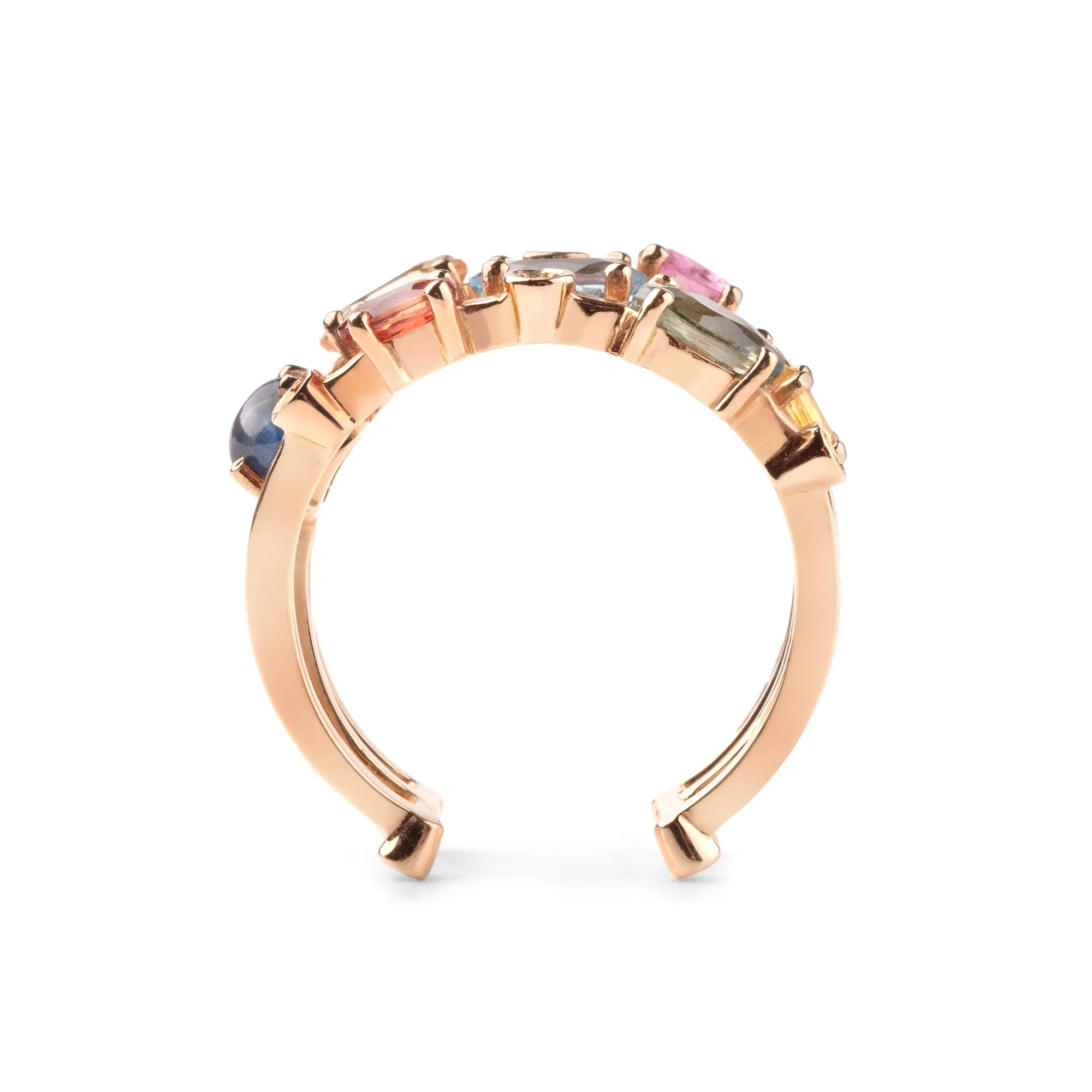 Multi coloured gemstones 18k rose gold Triple row ring