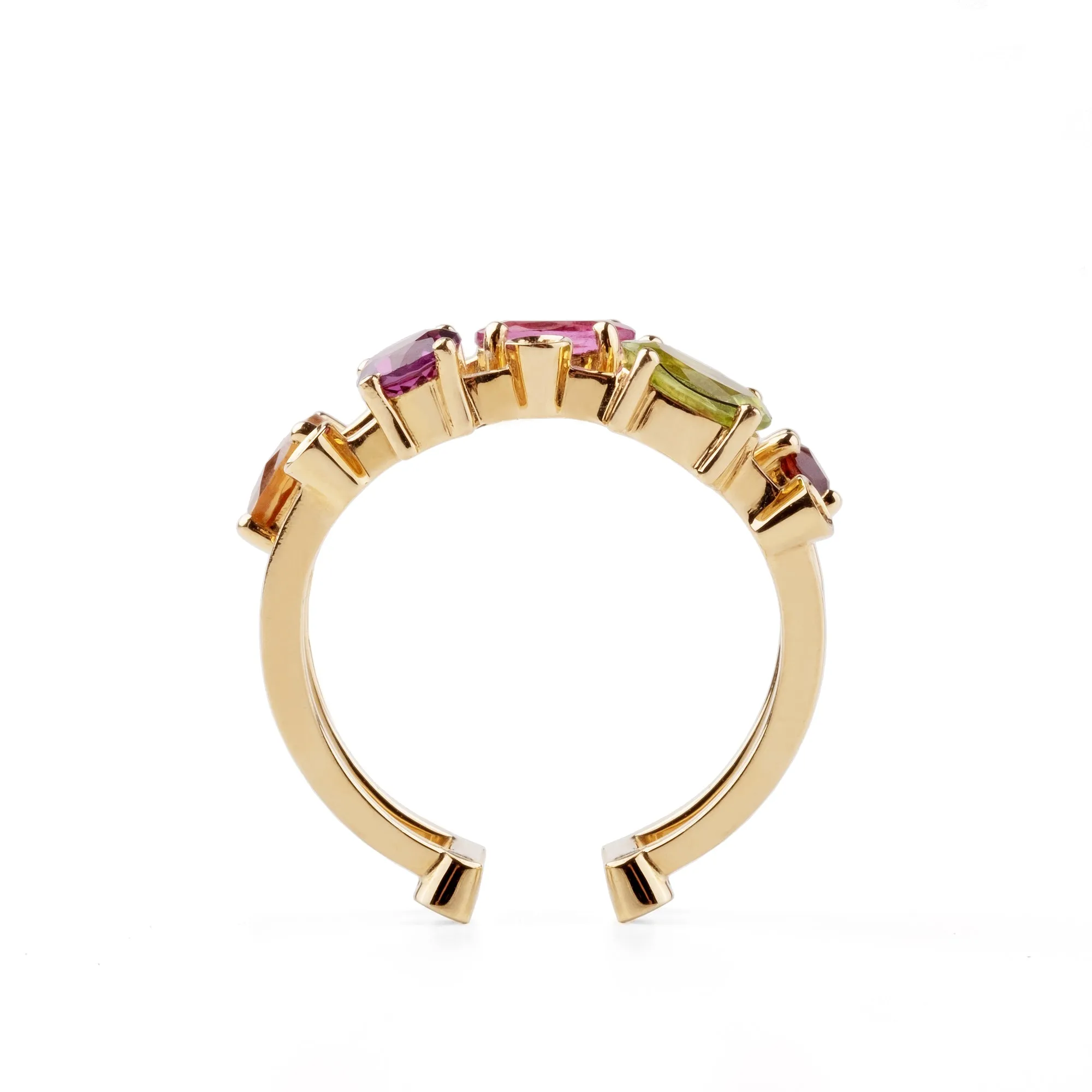 Multi coloured gemstones 18k yellow gold Double row ring