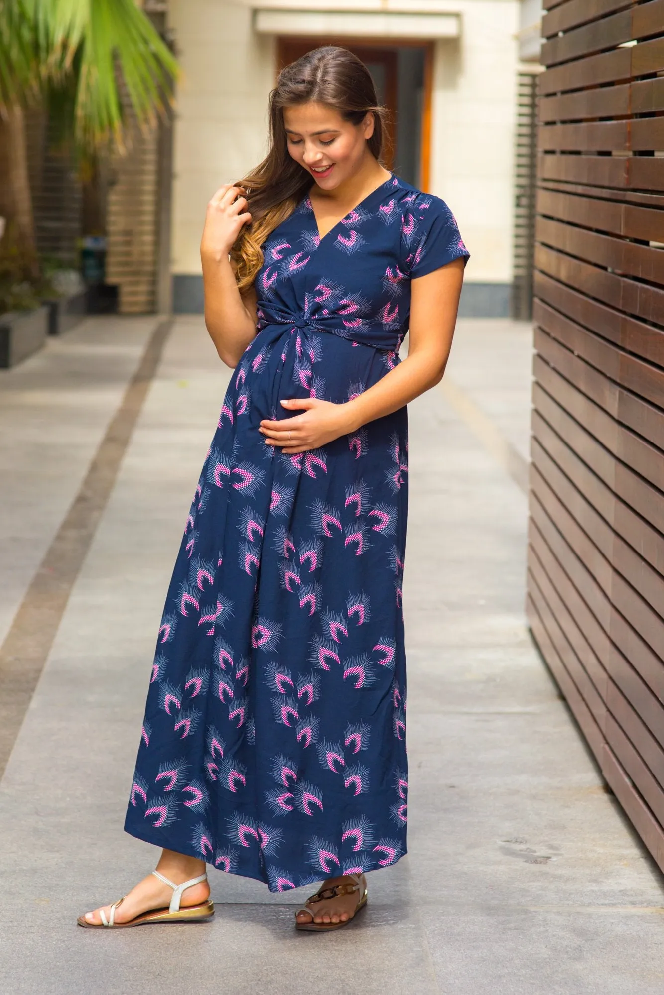 Navy Feather Maternity Knot Dress