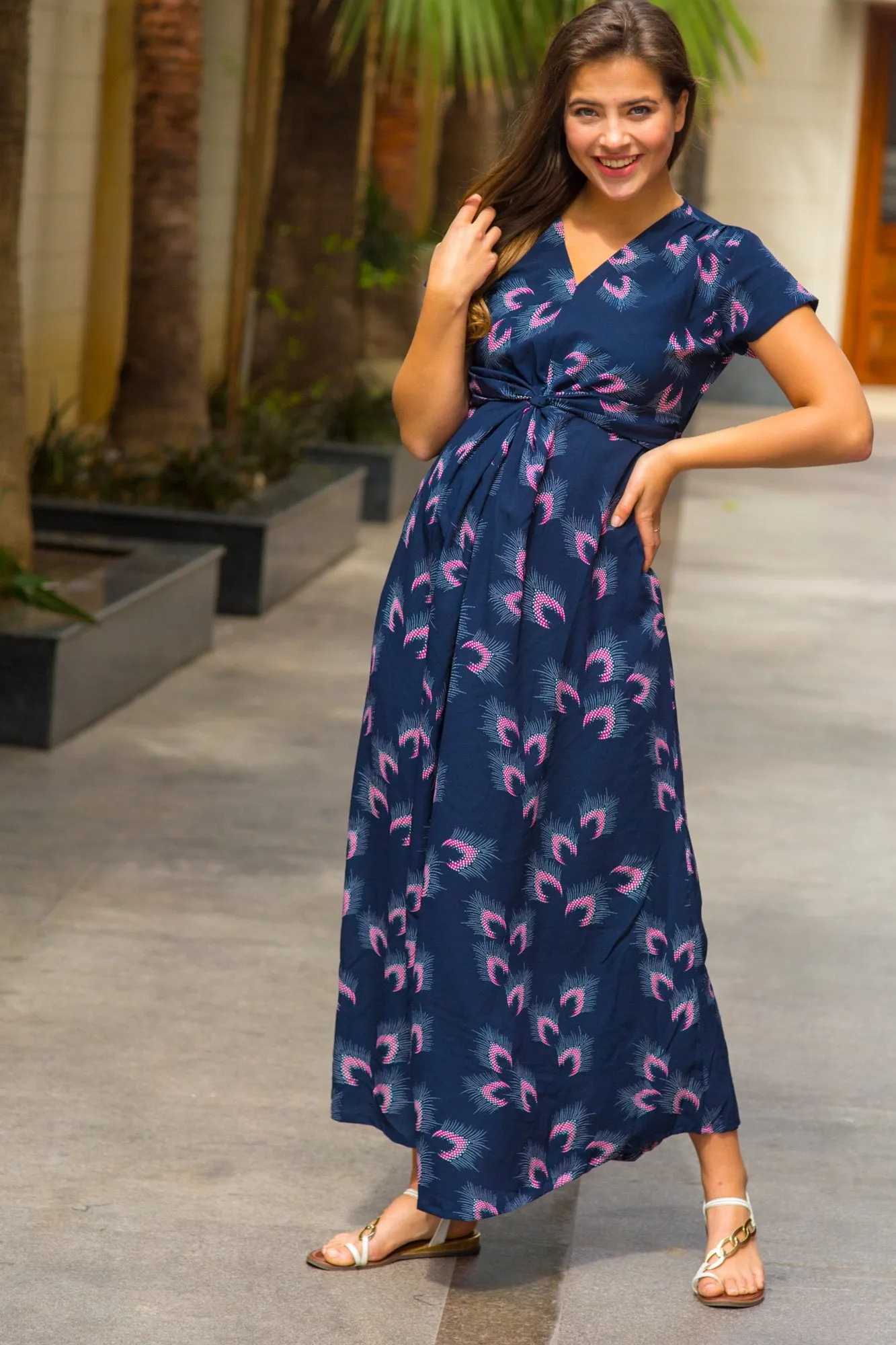 Navy Feather Maternity Knot Dress