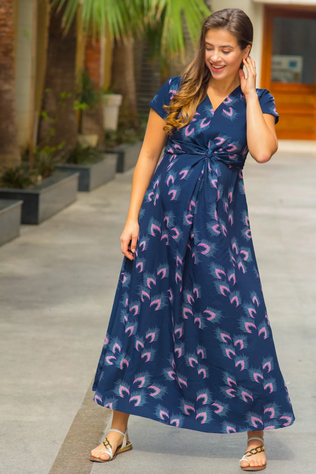 Navy Feather Maternity Knot Dress