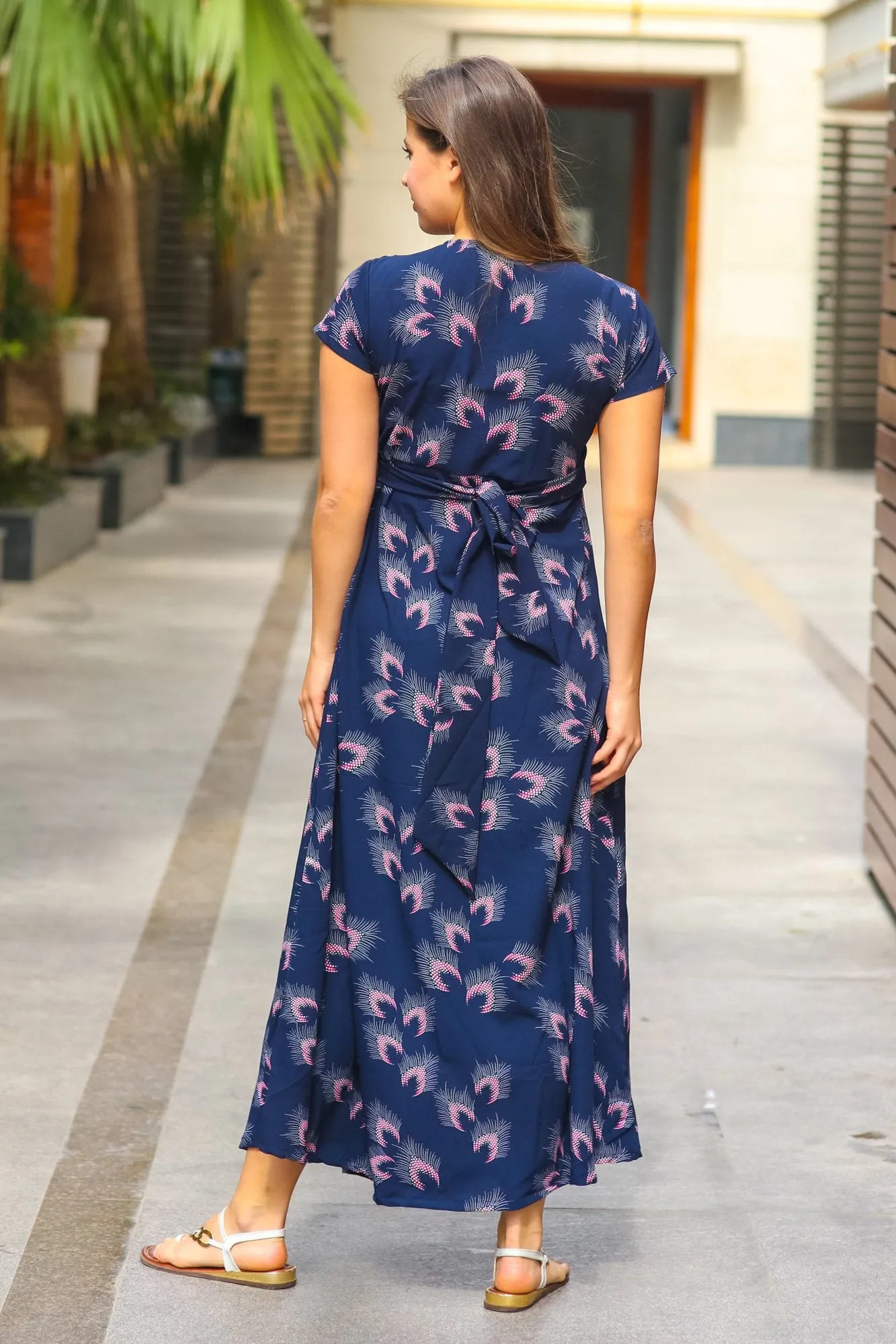 Navy Feather Maternity Knot Dress