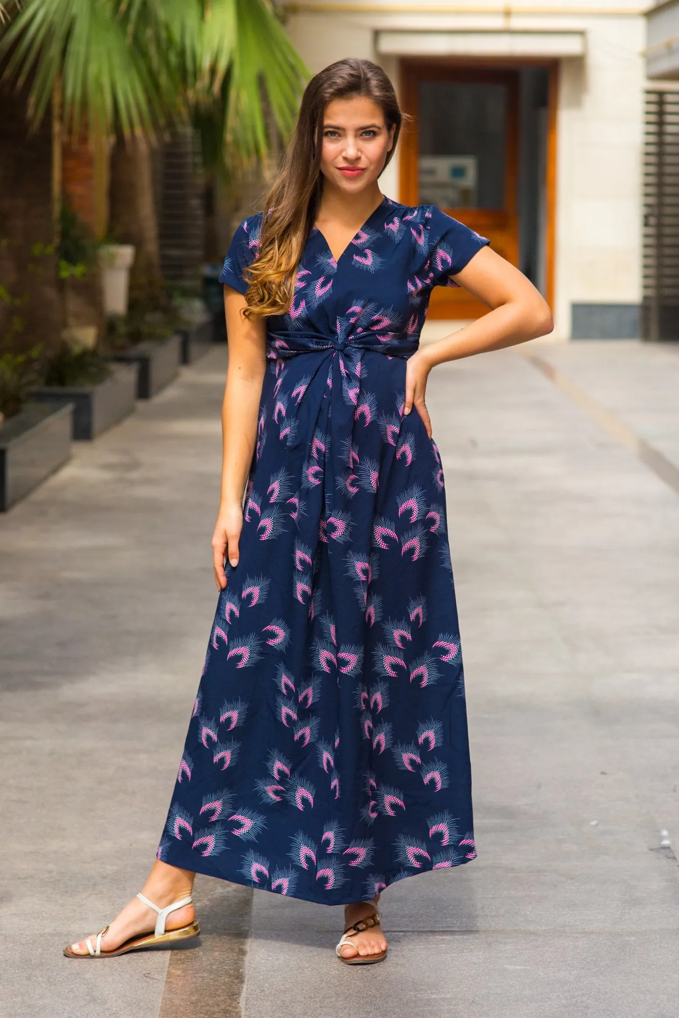 Navy Feather Maternity Knot Dress