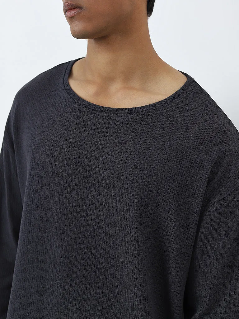 Nuon Dark Grey Textured Relaxed-Fit Cotton Blend Sweater