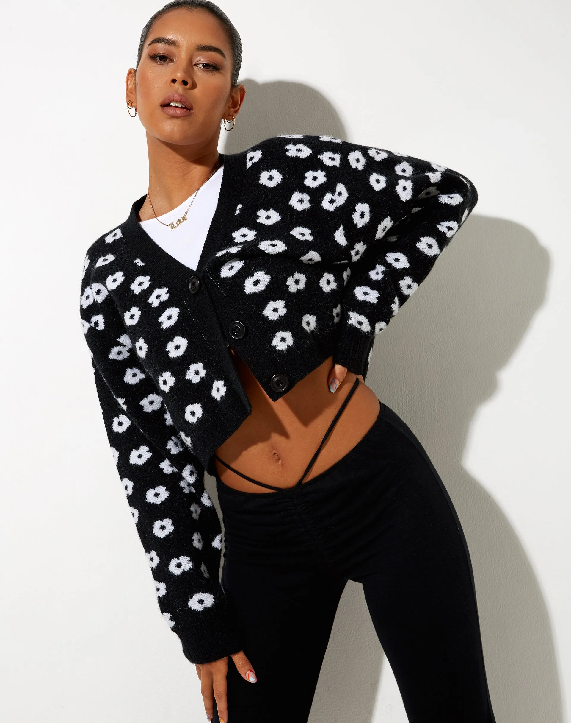 Olina Cropped Cardi in Knit Black Daisy White