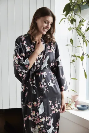 Plum & Crane Super Black Silk Short Kimono