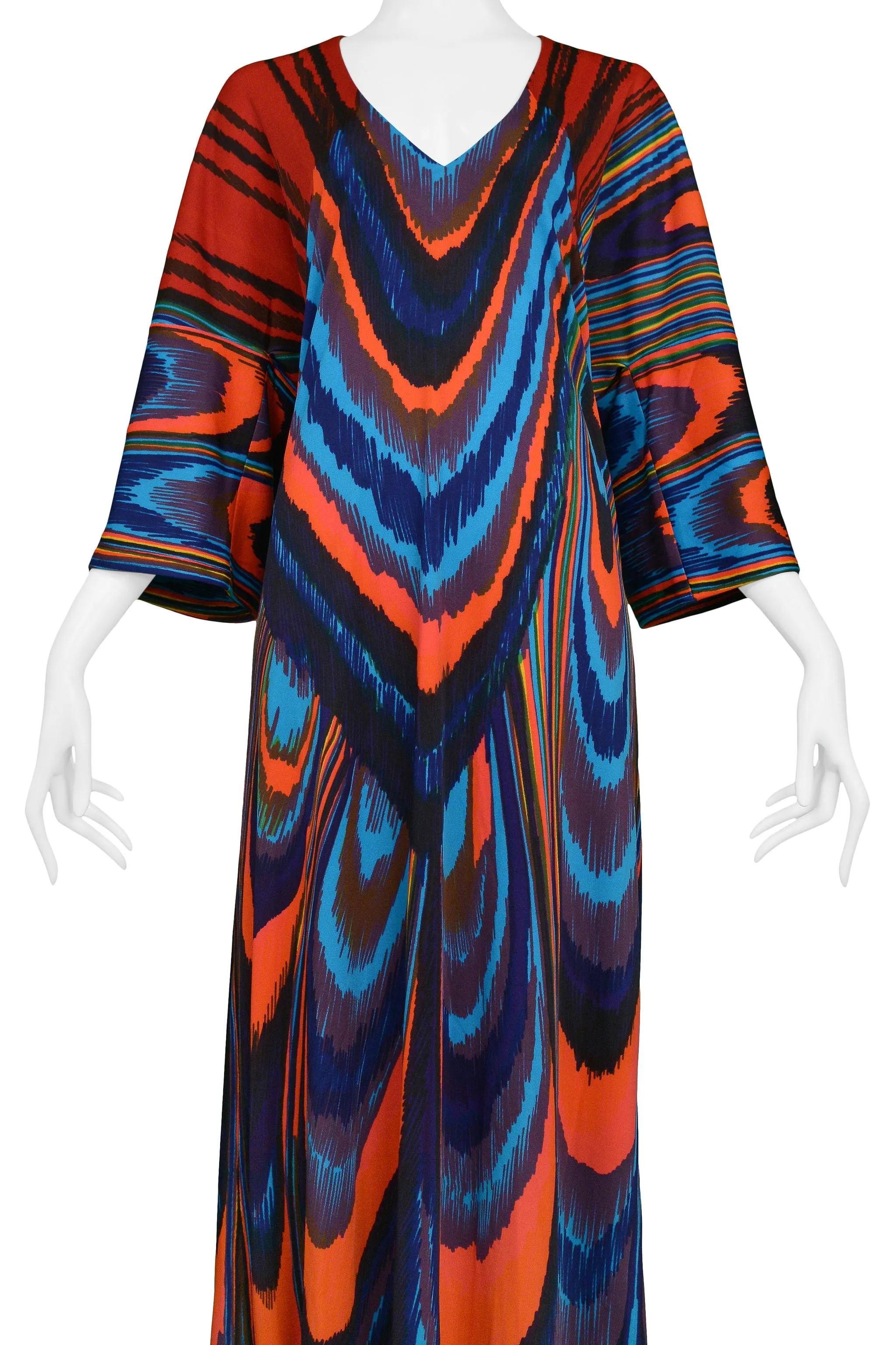 ROBERTA DI CAMERINO MULTICOLOR PEACOCK FEATHER MAXI DRESS